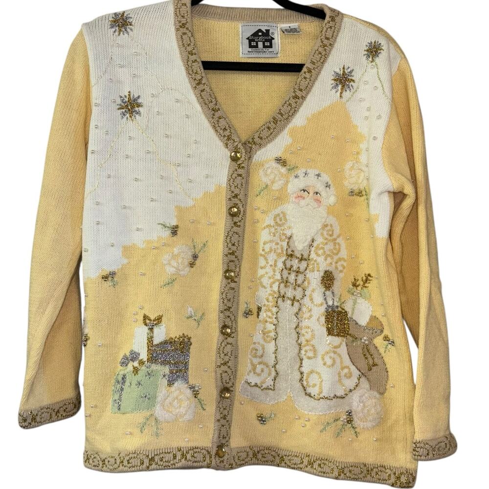 Father Christmas Holiday Butter Yellow Sweater Womens S Embroidered Art To Wear